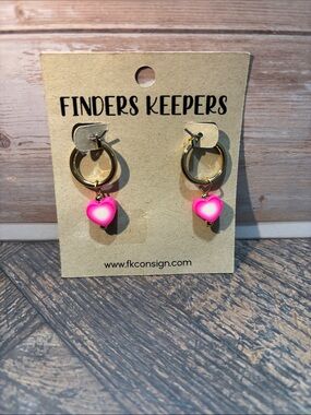 Finders Keepers Gold Hoop Earrings with Hot Pink Heart Charms